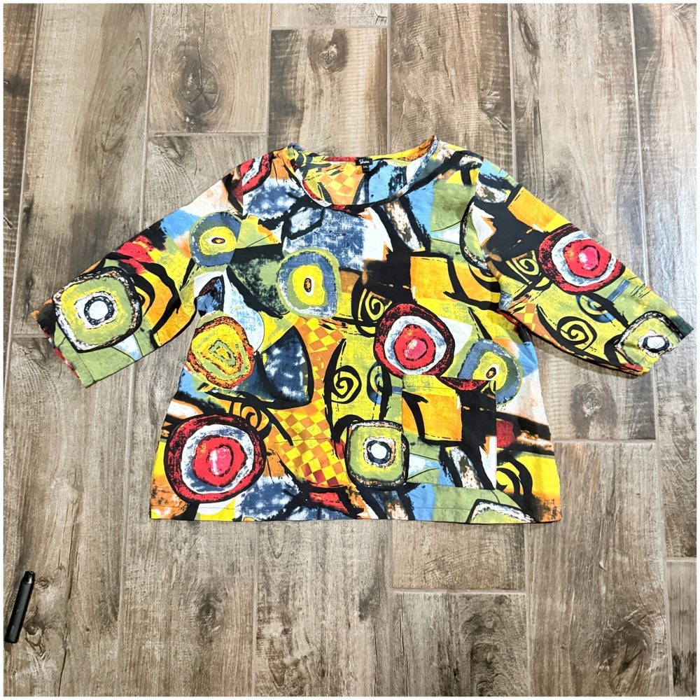 Shana Apparel Women's Abstract Artwear 1-Patch Pocket Pullover Blouse, Multi,